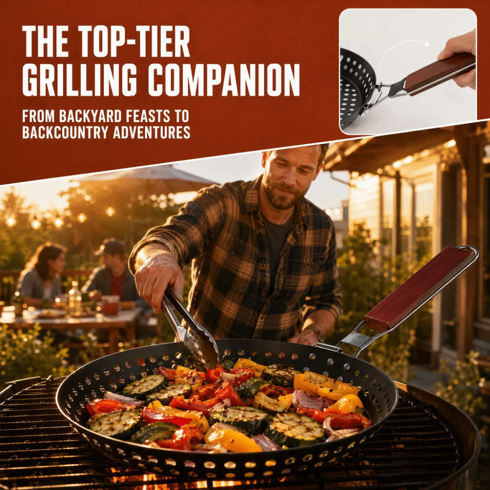 Folding Non Stick Grilling Skillet Round Wooden Handle Barbecue Plate Hollow Heat Resistant Outdoor Grill Topper Hiking Cooking