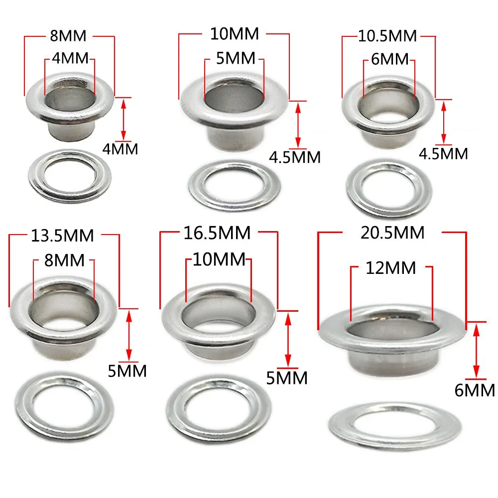 20~50 Set Stainless Steel Eyelets Grommets M4 M5 M6 M8 M10 M12 Silver with Washer Grommet,for Leather Craft Repair Shoes
