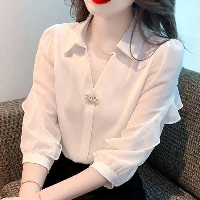 Women\'s Solid Color Rivet Lantern Long Sleeve Chiffon White Cardigan Shirt Formal Spring Summer Clothing Turn-down Collar Tops