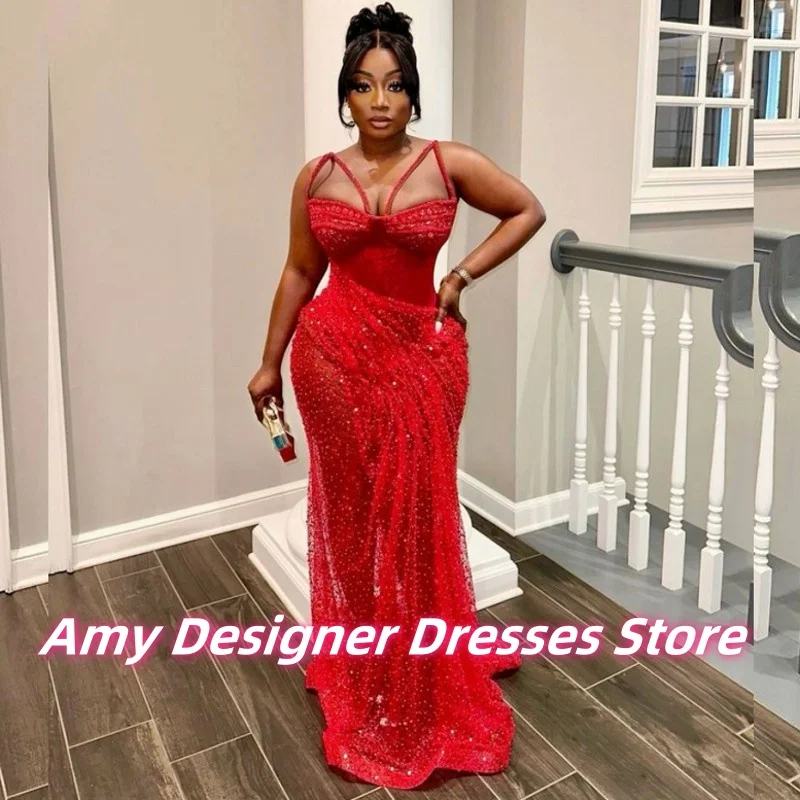 

Red Beaded Straps Evening Dress New Designed 2025 Illusion Long Mermaid Prom Gowns Wedding Party Dresses For Women Customized