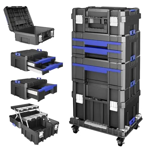 5 Tier Stackable Tool Box with Wheels,Rolling Tool Box with Drawers,Modular Tools Organizer,Portable Tool Box with