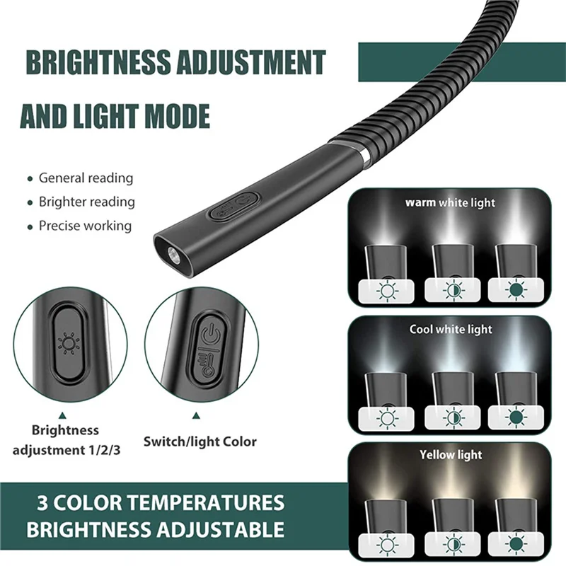 Lámpara De Lectura De Cuello KEWUZY – Luz LED Recargable USB Con 3 Colores Y Brillo Ajustable – Ideal Para Leer, Tejer, Coser O Acampar (Manos Libres)