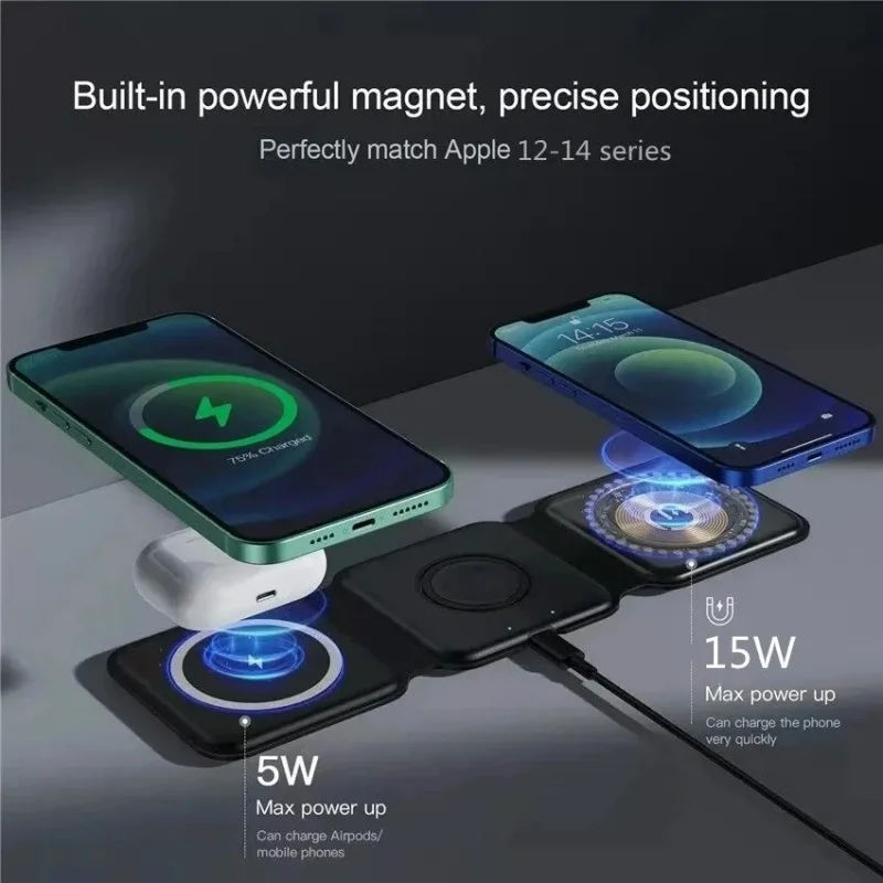 3 في 1 وسادة شاحن لاسلكية مغناطيسية قاعدة شحن سريعة لهاتف iPhone 17 16 15 14 13 Pro Max Apple Watch 9 8 AirPods محطة شحن