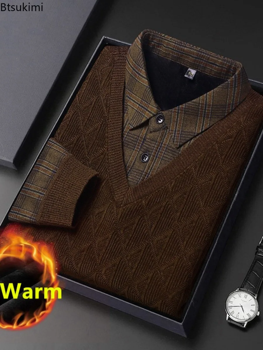 Nuovi maglioni a due pezzi finti da uomo 2024 Trendy Business Casual Plus velluto più spesso Pullover lavorato a maglia caldo uomo Jacquard Bottoming Tops