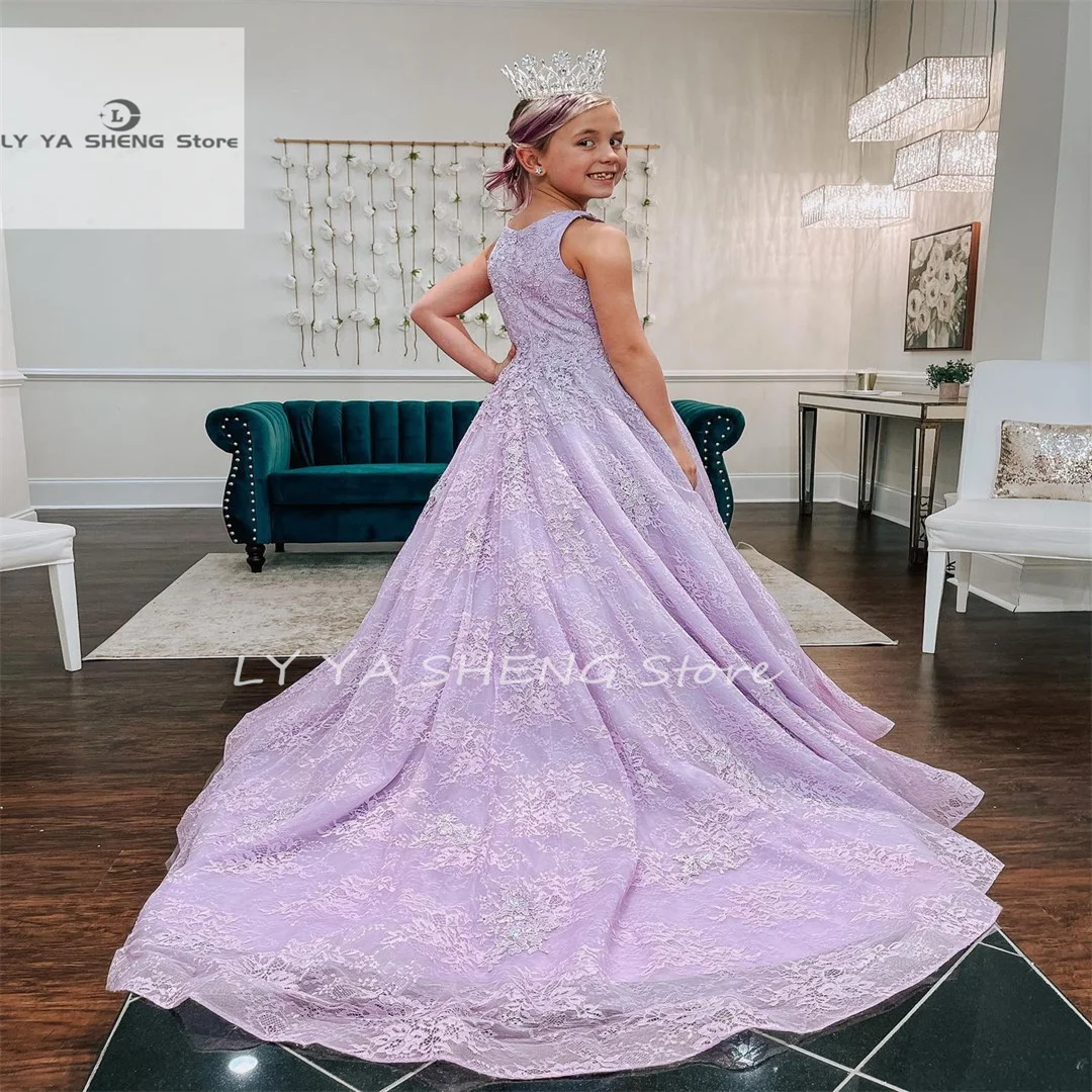 

Lilac Lace Little Girl Pageant Dresses 2021 A-Line Girls Prom Gowns Zipper Back Sleeveless Sweep Train Long Kids Formal Party Bi