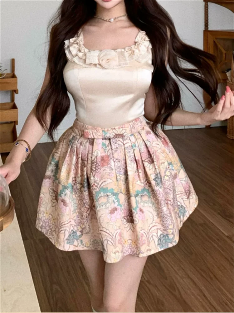 

Princess Spicy Girl Summer 2 Pieces Dress Square Collar Flower Tank Top&High Waist Print Short Puffy Skirt Palace Style 2pc Sets