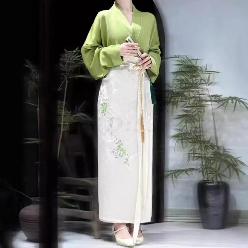 Vintage Song Dynasty Hanfu Set Long Sleeved Airplane Shirt Jacquard Skirt Suit Female Elegant New Chinese Style 2PCS Cheongsam