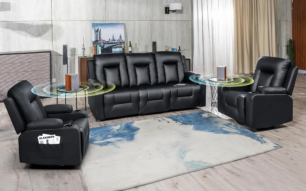 Furniture, Bonded Leather Sofa with Massage, Cup Holder (Living Room Set Recliner Chair, 3+1+1, Black