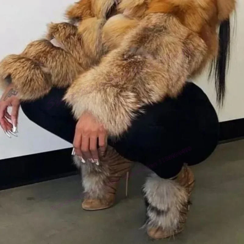 

Tiger Print Fluffy Decor Ankle Boots Stilettos High Heels Shoes for Women Sexy Lady Winter Shoes 2023 Zapatos Para Mujere