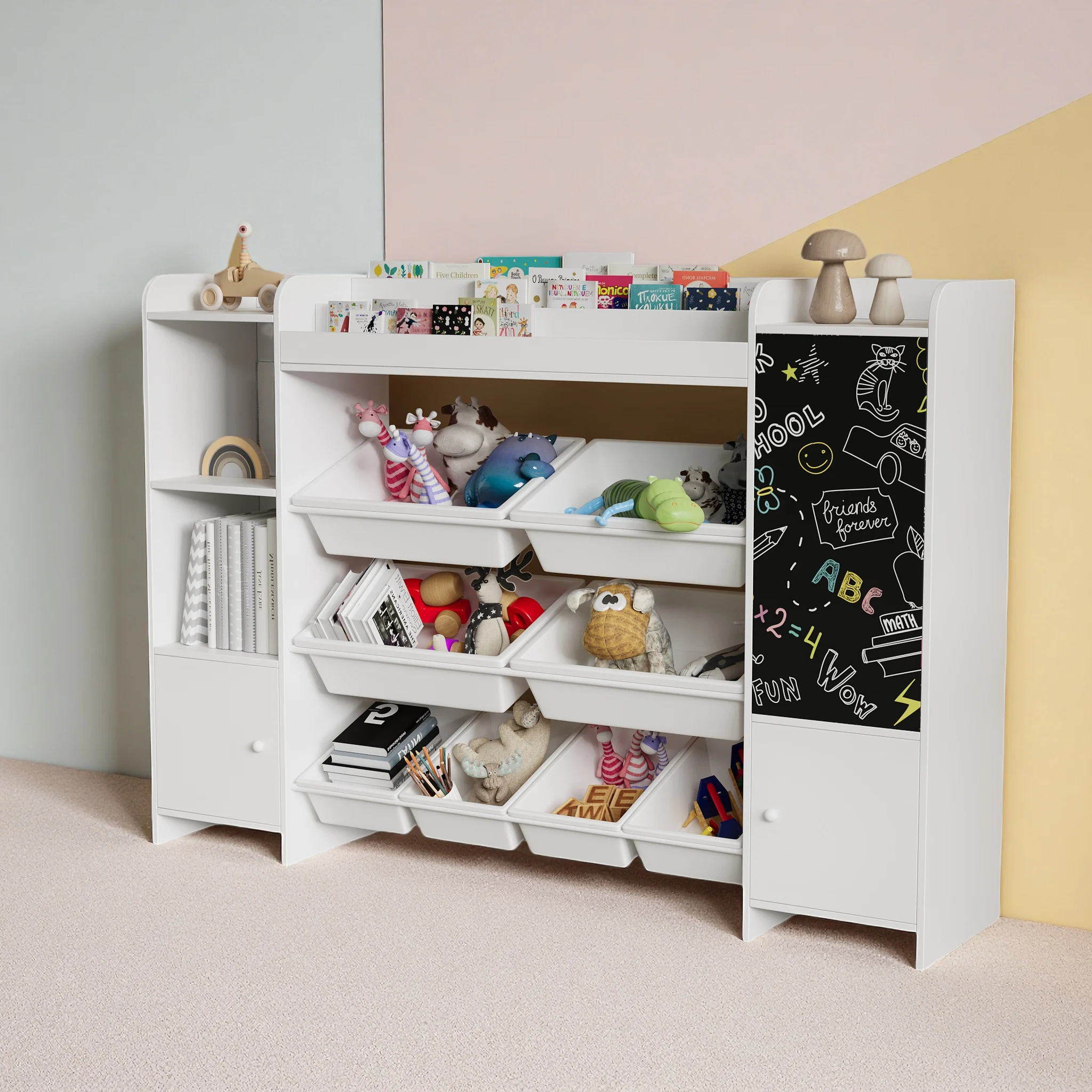 Comanlai Bibliothèque pour enfants Bibliothèque blanche Armoire multifonctionnelle 8 paniers de rangement avec tableau noir pour l'organisation de la chambre des enfants