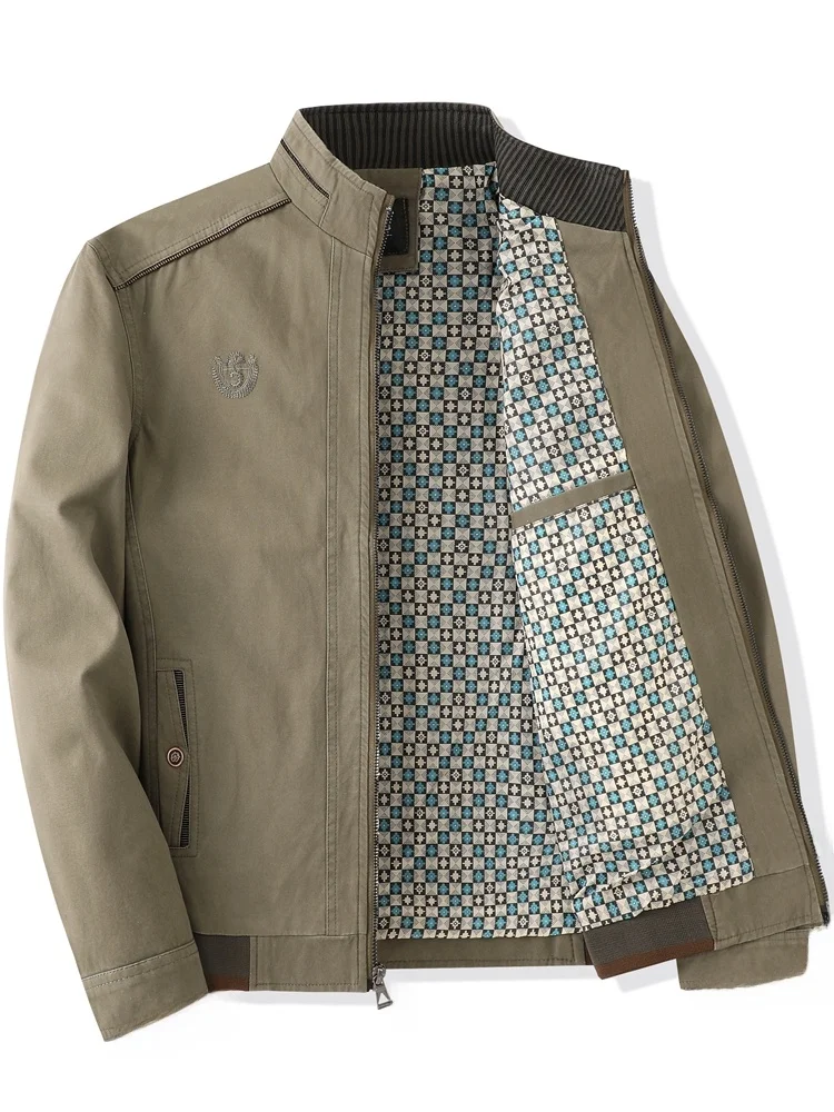 

Spring Autumn Pure Cotton Stand Collar Jaet for Middle Aged Men Dad Casual Faion Outerwear Comfortable Breathable