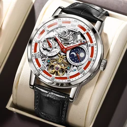 OLEVS Men’s Luxury Automatic Watch Skeleton Tourbillon Mechanical Self-Winding Watches Moon Phase Leather Waterproof Wristwatch