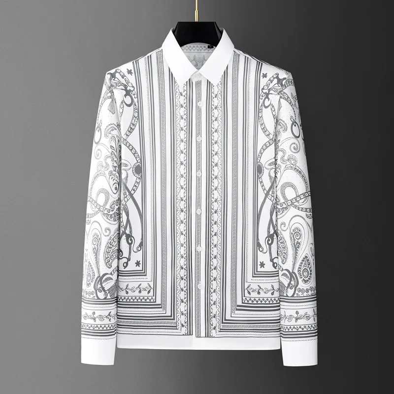 Brand Retro Printed Long Sleeved Shirt for Men High End Casual Business Social Shirts Versatile Slim Social Party Streetwear Top