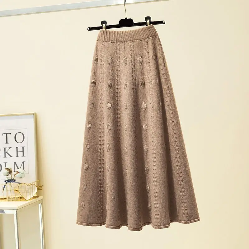 Autumn Winter Simplicity Solid Color High Waist Skirt Ladies Vintage All-match Screw Thread Elastic Waist Pleated Skirt Women\'s