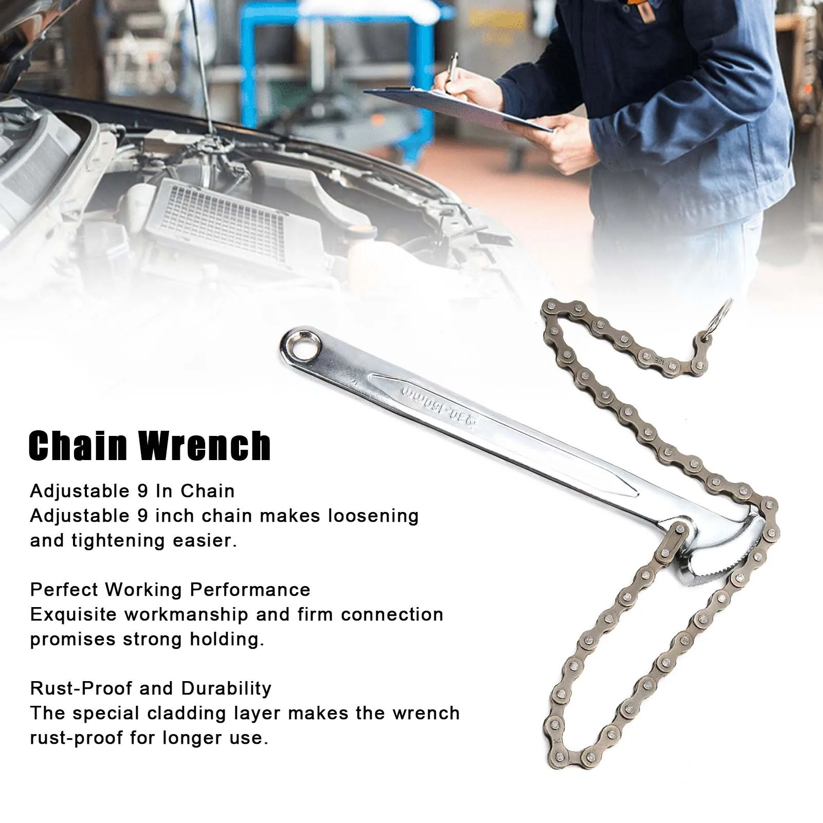 9in Chain Wrench Adjustable Pipe Tong Revertible Ratcheting Chain Oil Filter Tool Fittings Oil Filter Tool Adjutable Chain Tongs