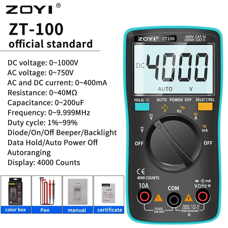 ZOYI  Multimeter Digital Multi Tester Back Light AC/DC Voltmeter Diode ZT100 dmm transistor tester