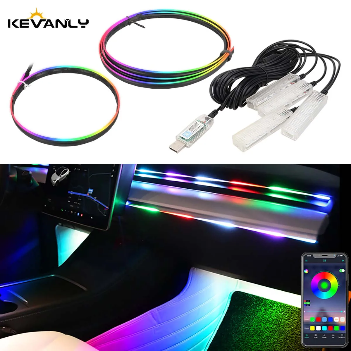 Pełne kolory USB Samochodowe oświetlenie otoczenia LED Paski akrylowe Oświetlenie deski rozdzielczej RGB Wnętrze samochodu Ukryta aplikacja Zdalne sterowanie Lampa nastrojowa