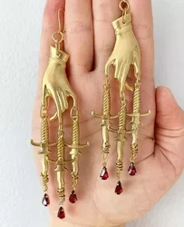 Indie Gothic Golden Dagger Ruby Large Hand Statemen Earrings for Woman Statement Earrings witchy Aesthetic Jewelry