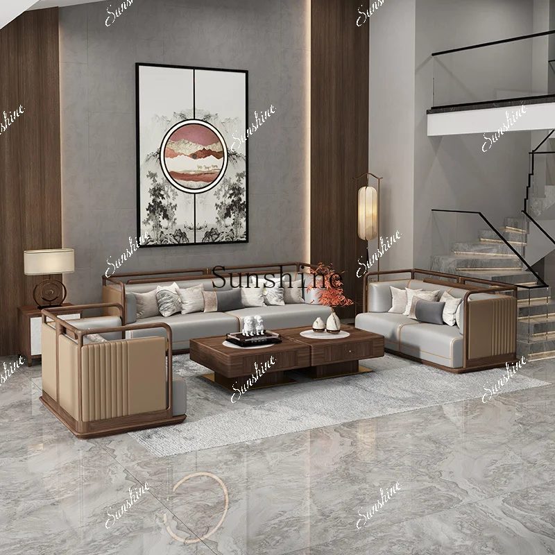 

Light luxury new Chinese sofa solid wood living room leather art simple modern high sense FT