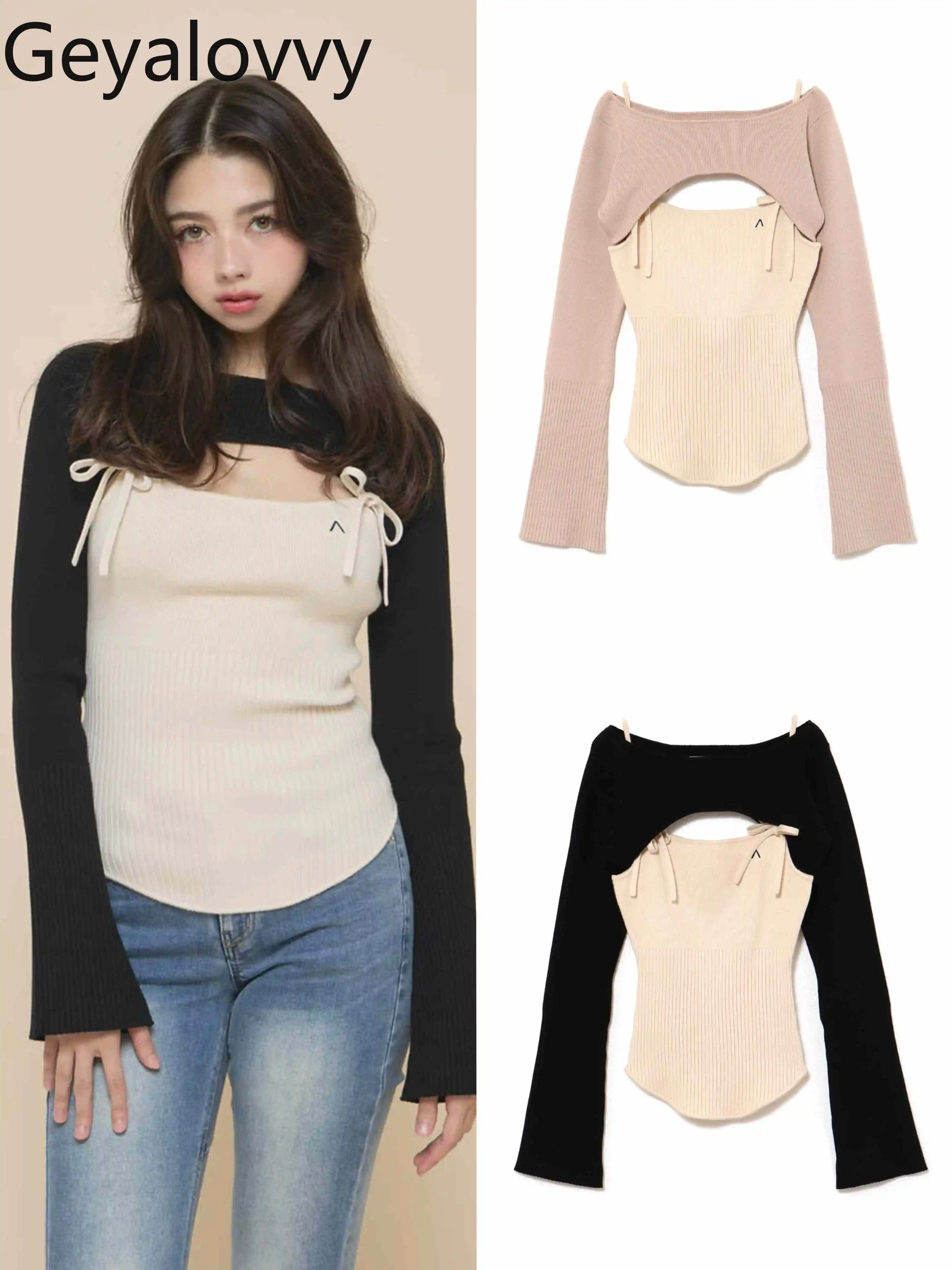 

2025 New Product Ladies T-Shirts Color-Block Casual Tees Hollow Design Flared Long Sleeve Top for Women Japanese Style