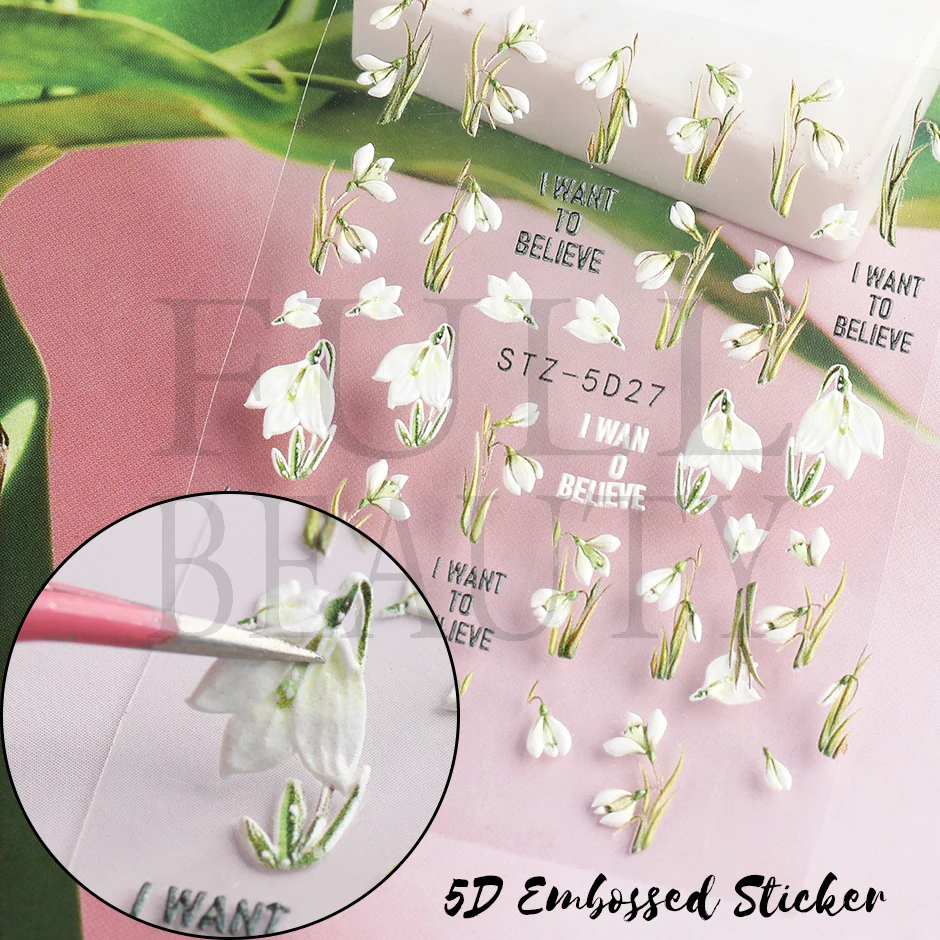 5D Schneeglöckchen geprägte Nagellack Aufkleber Tulpe Campanula Blumen Charms Aufkleber elegante florale strukturierte Maniküre Acryl Wraps