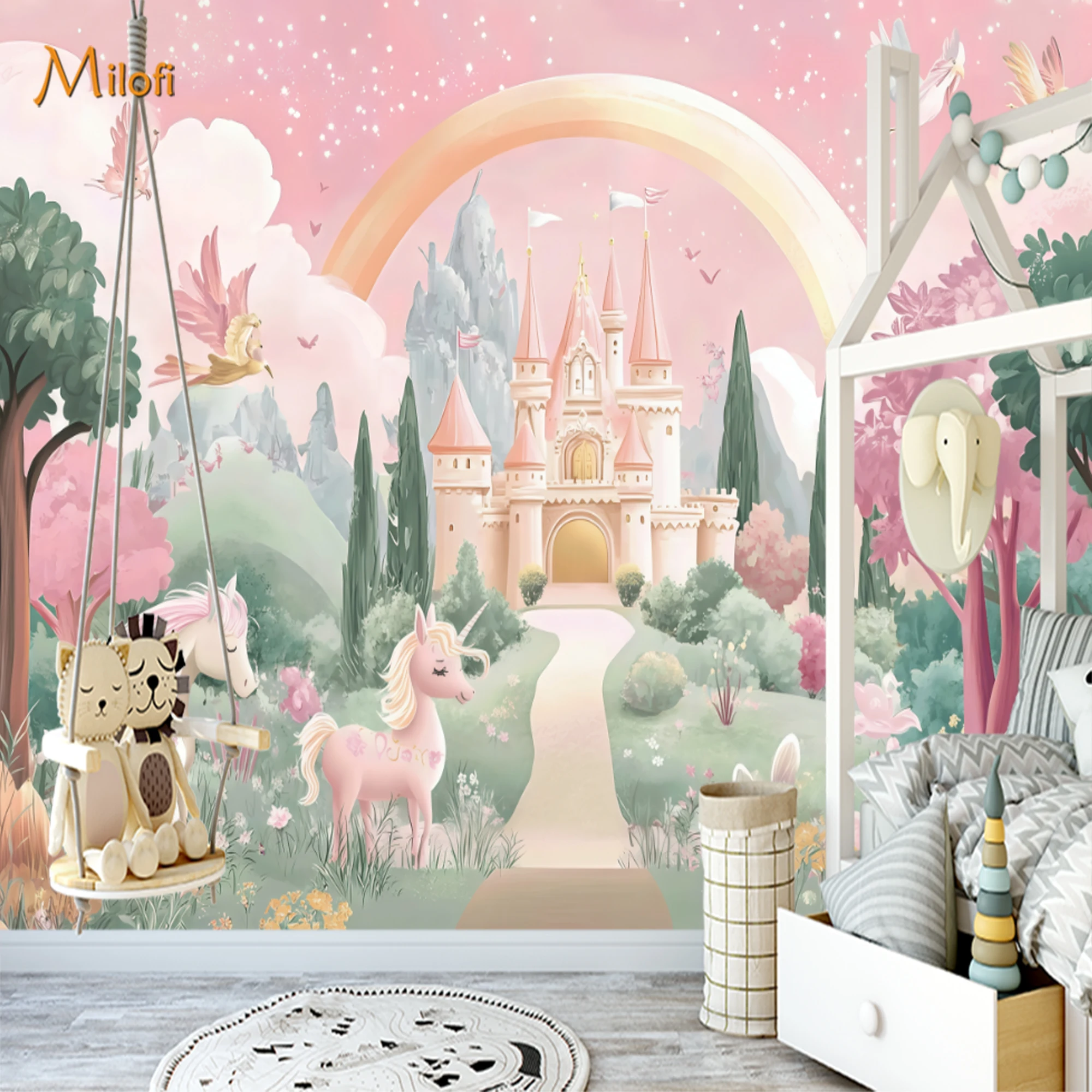 Custom Mural Wallpaper Girls Peel And Stick Wall Mural Unicorn Princess Castle Rainbow Bird Floral For Nursery Bedroom Home Deco