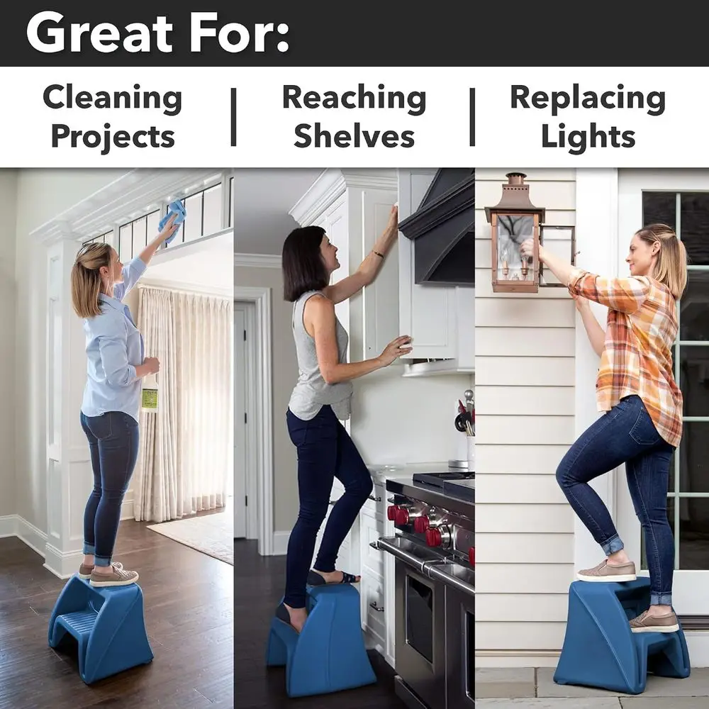 Plastic Two-Step Stool with Seat- Suitable for Indoor and Outdoor Use- 15.5 x 19 x 16- Blue