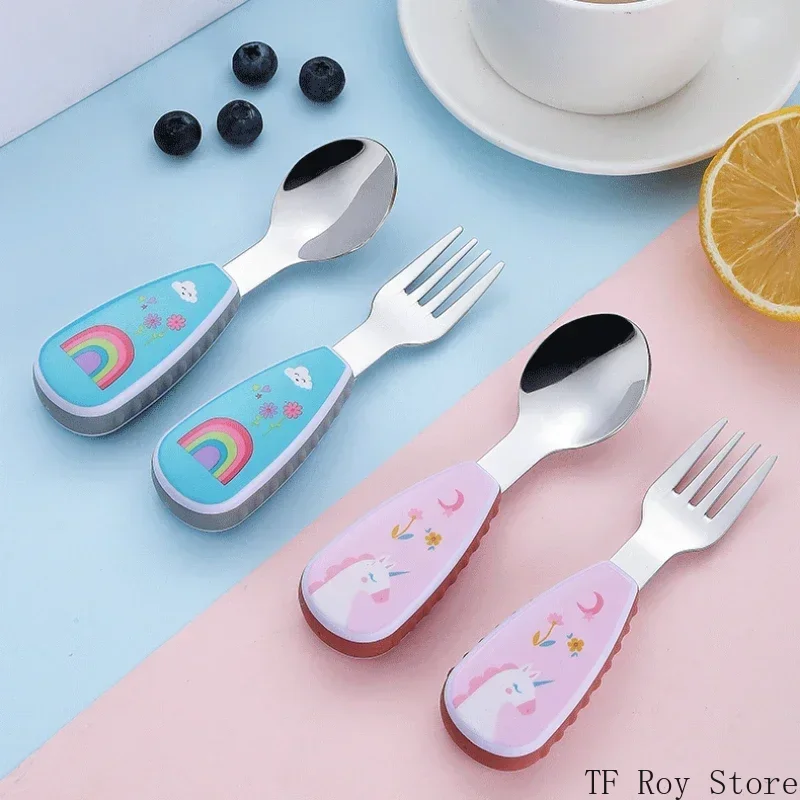 Cartoon Printing Baby Feeding Spoon Fork with Storage Box 304 Stainless Steel Baby Food Supplement Set Children's Tableware