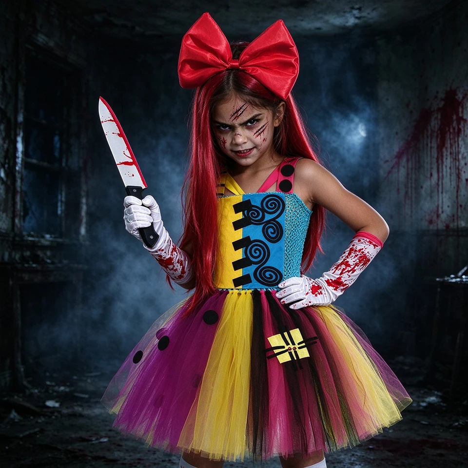 Nightmare Christmas Girls Scary Killer Doll Halloween Costume Tutu Dress Kids Creepy Horror Clown Doll Carnival Cosplay Outfits