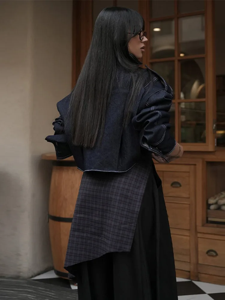 

Темно-синяя короткая джинсовая куртка женская повседневная с длинным рукавом, однобортная, с воротником-стойкой, 2026, шикарная, для весны и осени