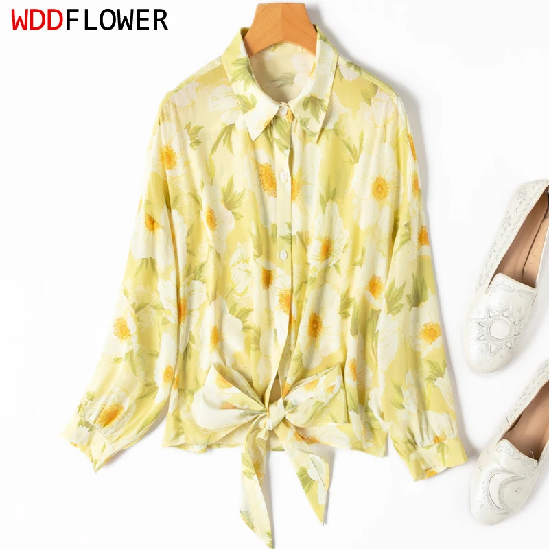 

Women Silk Shirt 100% Mulberry Silk 16 Momme Crepe Silk Yellow Floral Bow Hem Buttons Down Long Sleeve Loose Top Blouse M1178