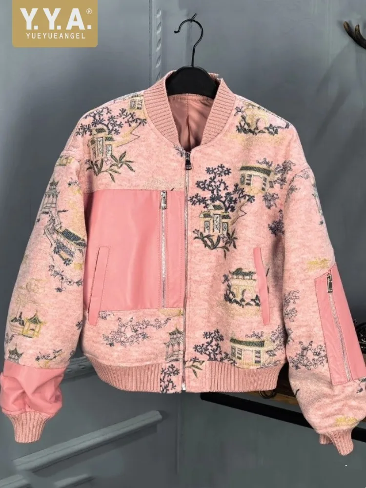 

Spring Women Fashion Stand Collar Spliced Genuine Leather Bomber Jacket Zipper Loose Fit Chinese Style Printed Casual Short Coat