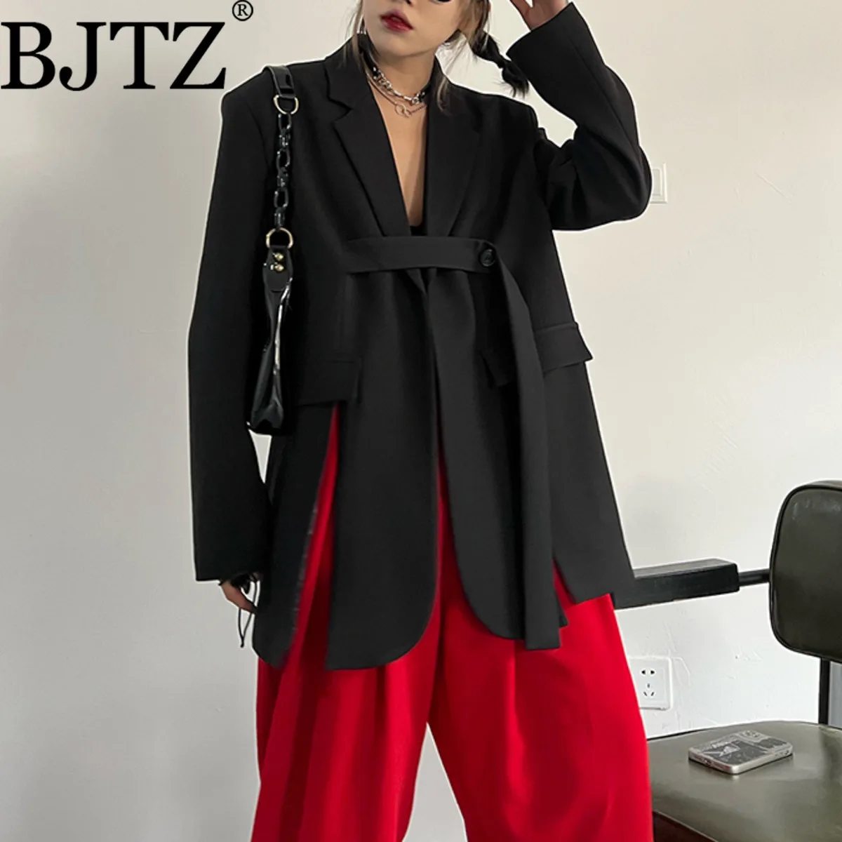 

BJTZ 2025 повседневный модный весенне-летний новый шикарный стильный пиджак с ленточным дизайном и разрезом для женщин, элегантная верхняя одежда