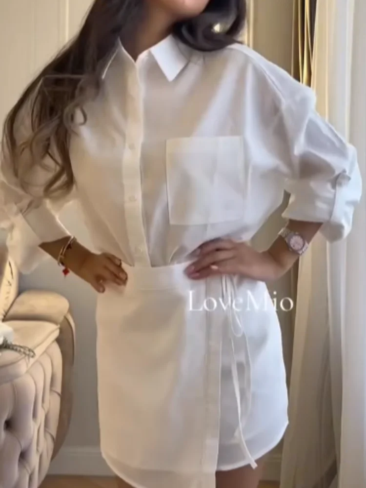 

Linen Blend Solid Button-up Shirt Mini Skirt Set Summer Holiday Casual Women's Long Sleeve Shirts Suit 2026 New Thin Chic Outfit