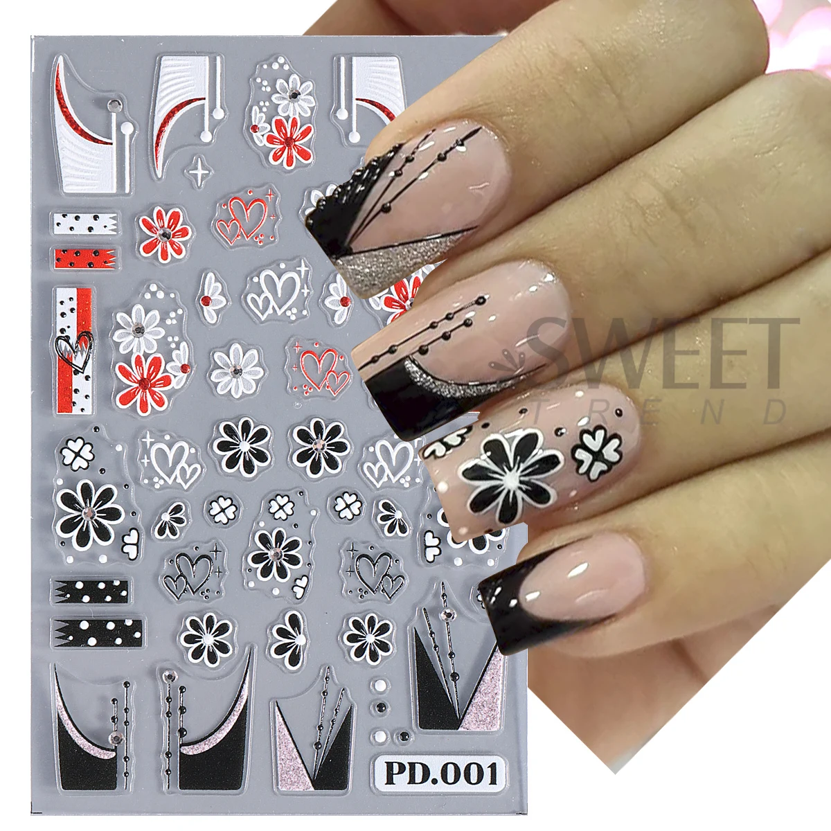 1/3pcs French Simple Painting Flower Nail Art Sticker With Rhinestone Glitter Oblique French Line Geometry Decals Manicure Foils
