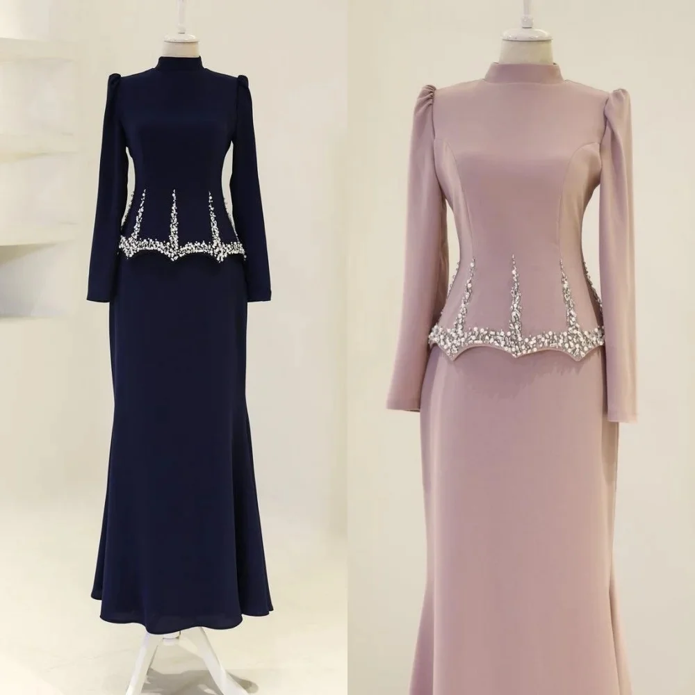 

Customized Classic Jersey Ruffle Evening Dress Sequined Beading Rhinestone Draped A-line O-Neck Long Prom Dresses Fashion