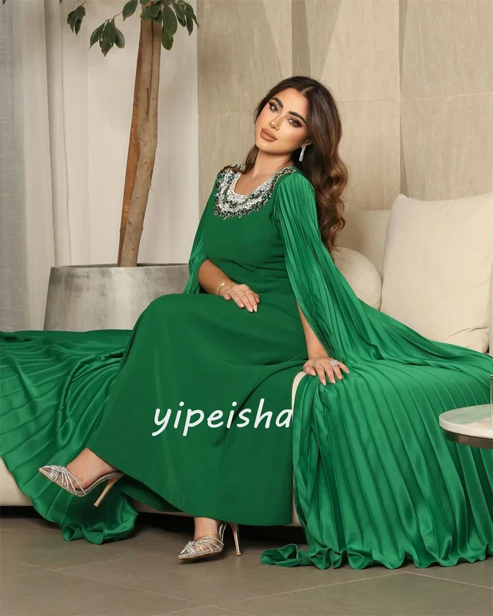 Customized Jersey Sequined Ruched Celebrity A-line O-Neck Bespoke Occasion Gown Midi Dresses