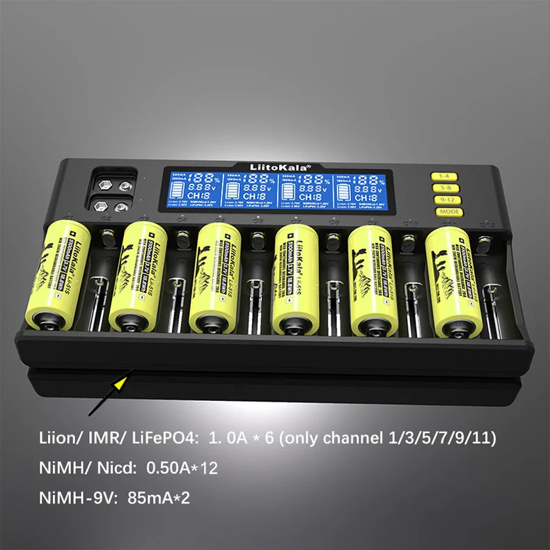 LiitoKala Lii-S12 Smart-Ladegerät 12-Slot LCD Auto-Polarität 18650 21700 26650 32650 Li-ion LiFePO4 NiMH AA AAA 9V Batterie 12V 4A – Detail 3