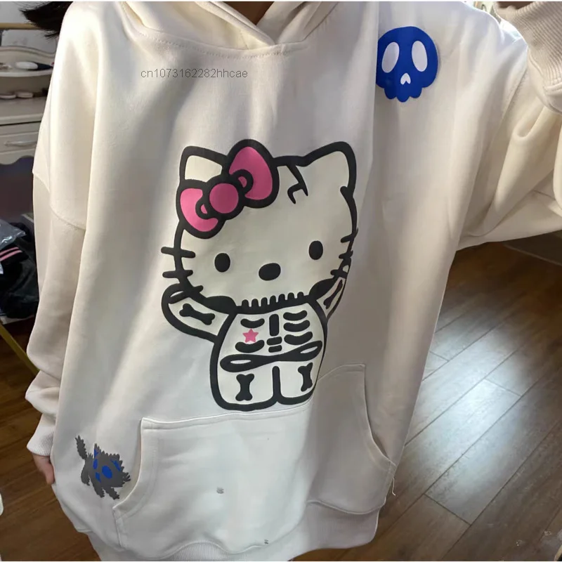 Sanrio Skeleton Hello Kitty Thick Hood Streetwear For Men And Women Winter 2000s Emo 2ky Goth Jumper Hoodie Grunge Sweatshirt