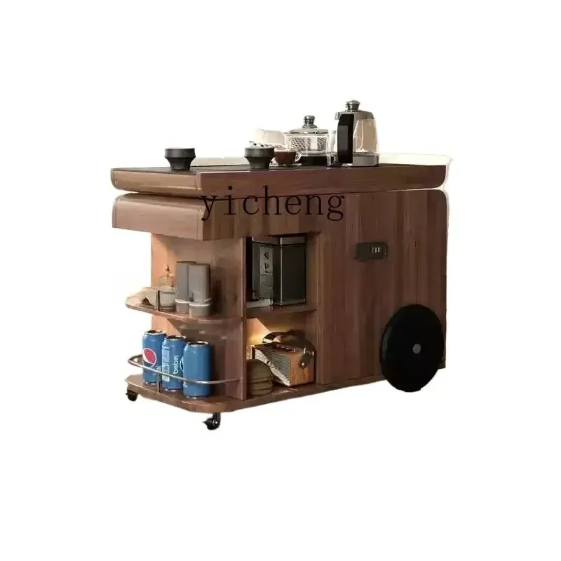 CJ-1 Movable Side Rock Slab Living Room Sofa Tea Cabinet Storage Solid Wood Coffee Table Side Cabinet