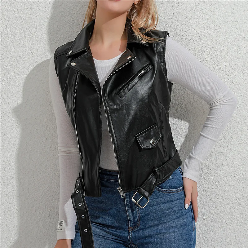 New In Outerwears Spring Autumn Leather Vest for Women Fashion Vintage Sleeveless PU Streetwear Causal Jacket Top Belt Vest Coat