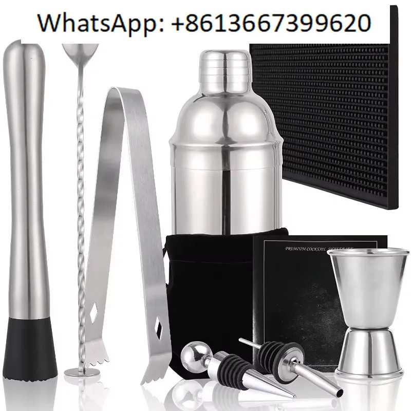 10 Pieces Cocktail Shaker Set 750ml Bar Shaker Jigger Mudder Bartender Kit Bar Accessories Tools with Bag and Bar Mat