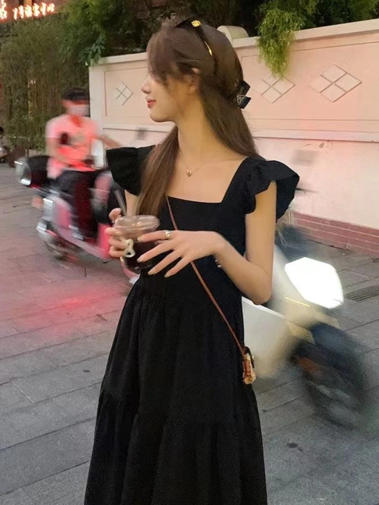 Black Square Collar Midi Dresses for Women Mori Girl Style Minimalist Chic Summer Fashion Flying Sleeve Temperament College Ins