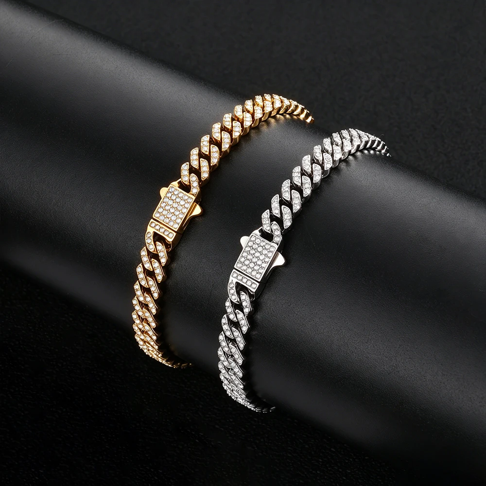 

ESKEEM Waterproof 6MM Stainless Steel Cubic Zirconia Bracelet Women Mens Jewelry Prong Iced Out Cuban Link Chain Wholesale