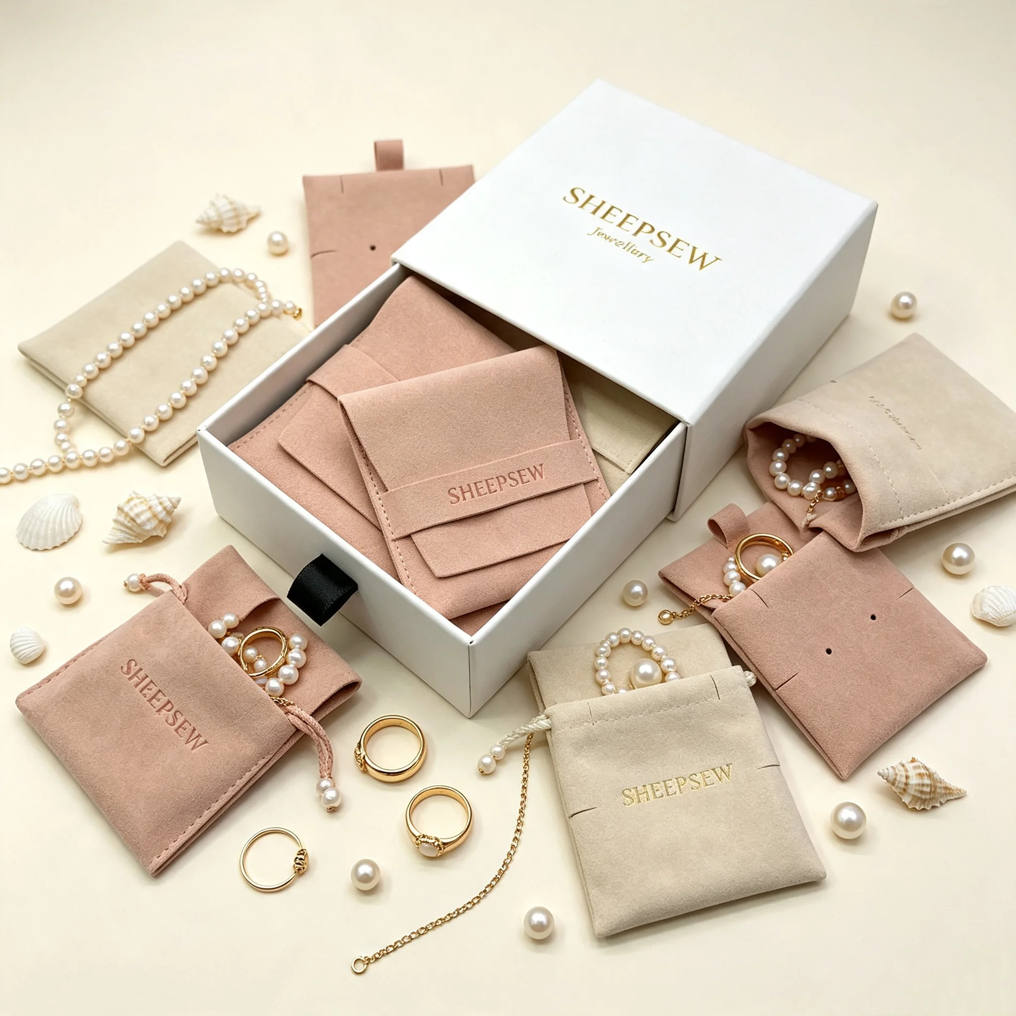SheepSew Luxury Custom Brand Printed Logo Jewellery Packaging Kit, Velvet Microfiber Suede Pouch And Slide Box For Birthday Anni