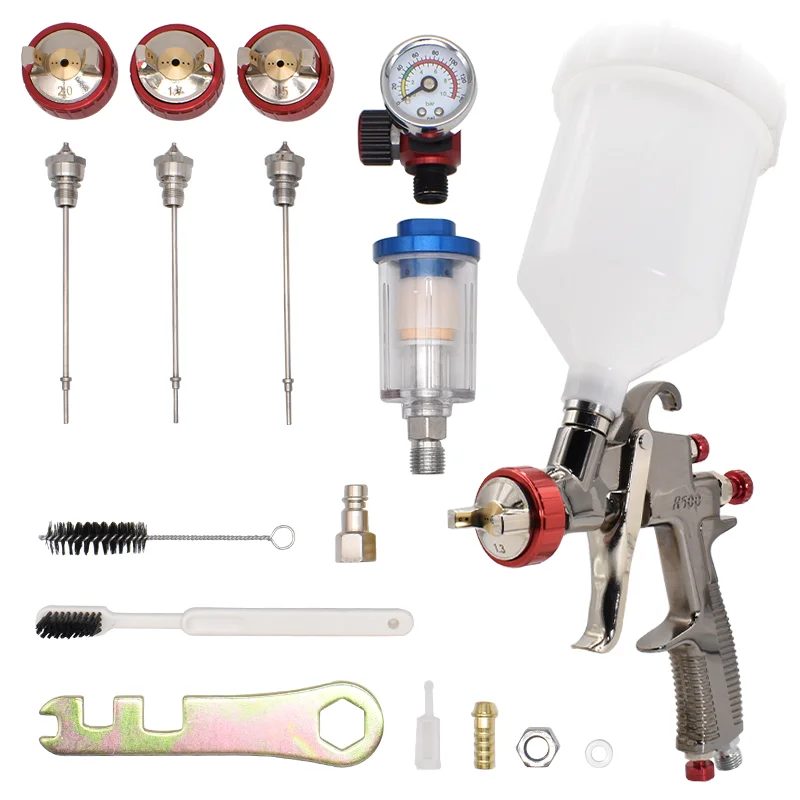 Pistol semprot R500 LVLP, kualitas tinggi 1.3/1.5/1.7/2.0mm nozel cat Airbrush dan Regulator udara pengukur Air pemisah minyak Filter