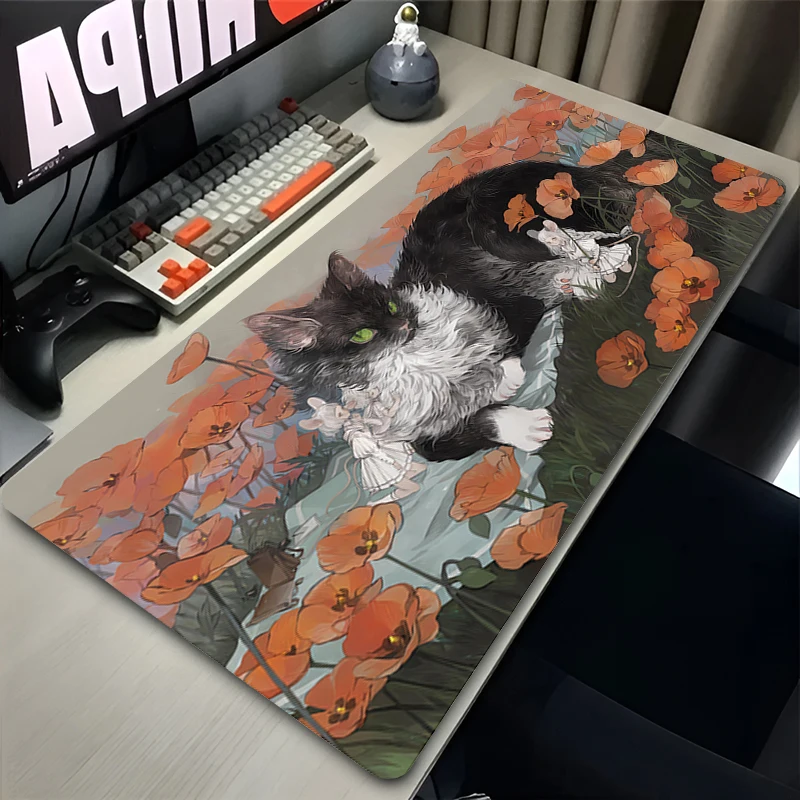 

Cute Cartoon Cat Desk Mat Non-Slip Gaming Mouse Pad Kawaii Flower Design for E-Sports Mechanical Keyboard Laptop Gamer Use