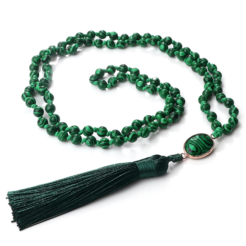 108 mala frisado colar para mulheres malaquita verde 6mm rosário meditação japamala atada borla colares vintage jóias