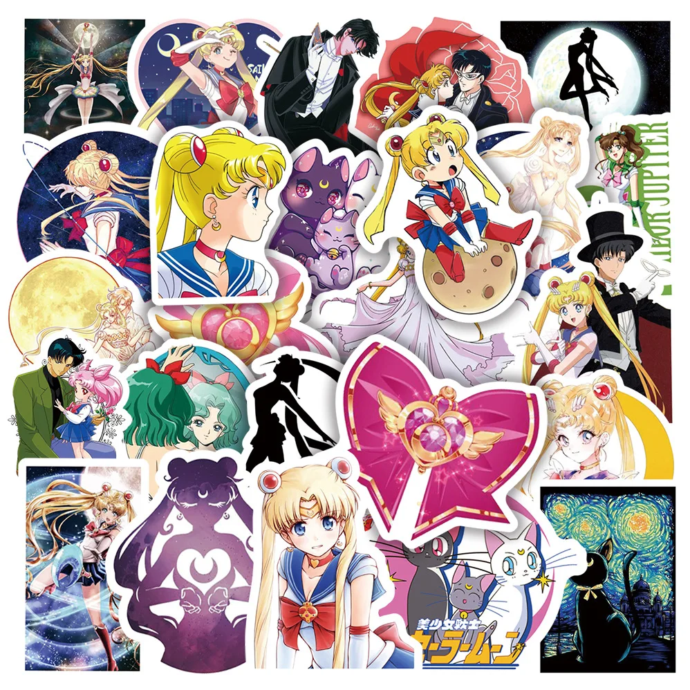 50pcs Japanese Anime Beautiful Sailor Moon Graffiti Water Cup Luggage Refrigerator Notebook Waterproof Decorative Stickers