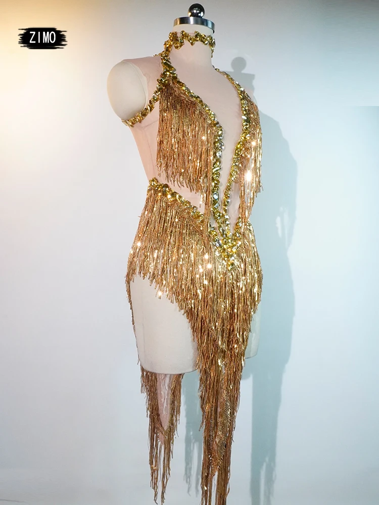 Sparkly Rhinestones Sequins Tassel Leotard Women Nightclub Outfit Singer Dancer Costume Stage Group Sexy go Performance Bodysuit